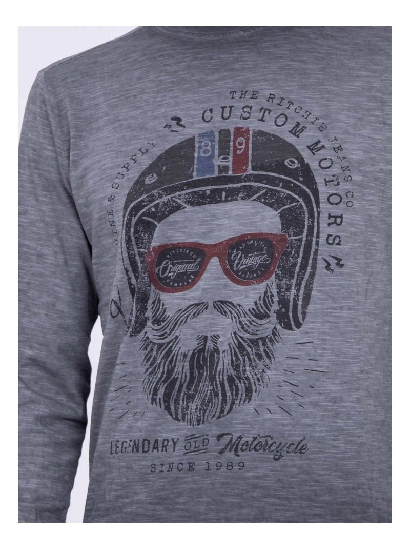 T-shirt manches longues col rond pur coton JUMAPAL Gris - Kiabi