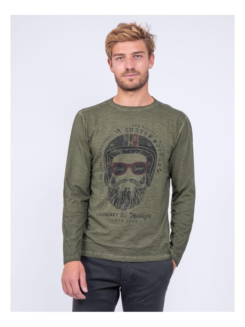 T-shirt manches longues col rond pur coton JUMAPAL Kaki - Kiabi