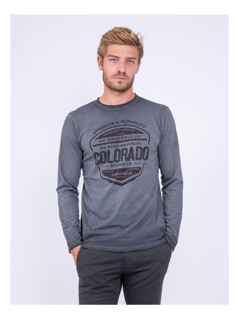 T-shirt manches longues col rond pur coton JUMIXO gris anthracite - Kiabi