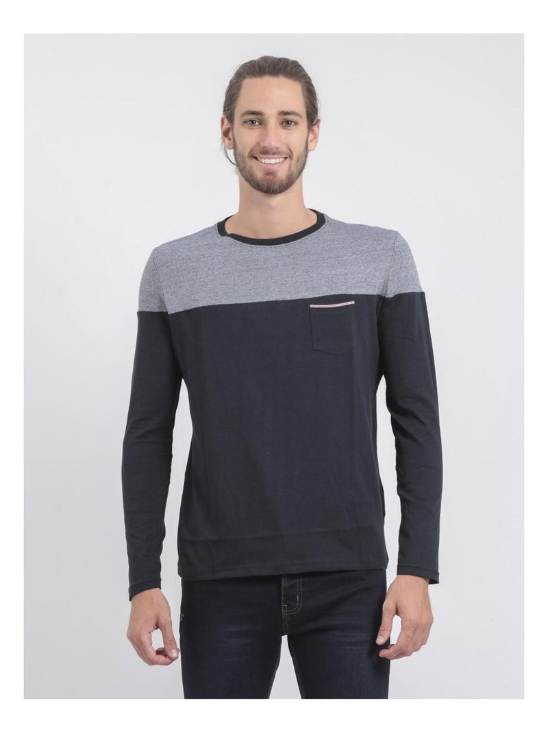 T-shirt manches longues col rond pur coton JUPINEL Bleu marine - Kiabi