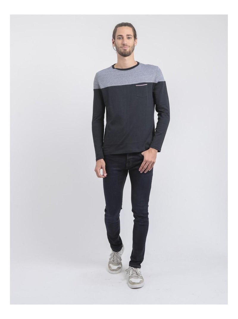 T-shirt manches longues col rond pur coton JUPINEL Bleu marine - Kiabi