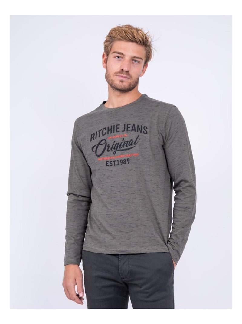 T-shirt manches longues col rond pur coton JUPOL Kaki - Kiabi