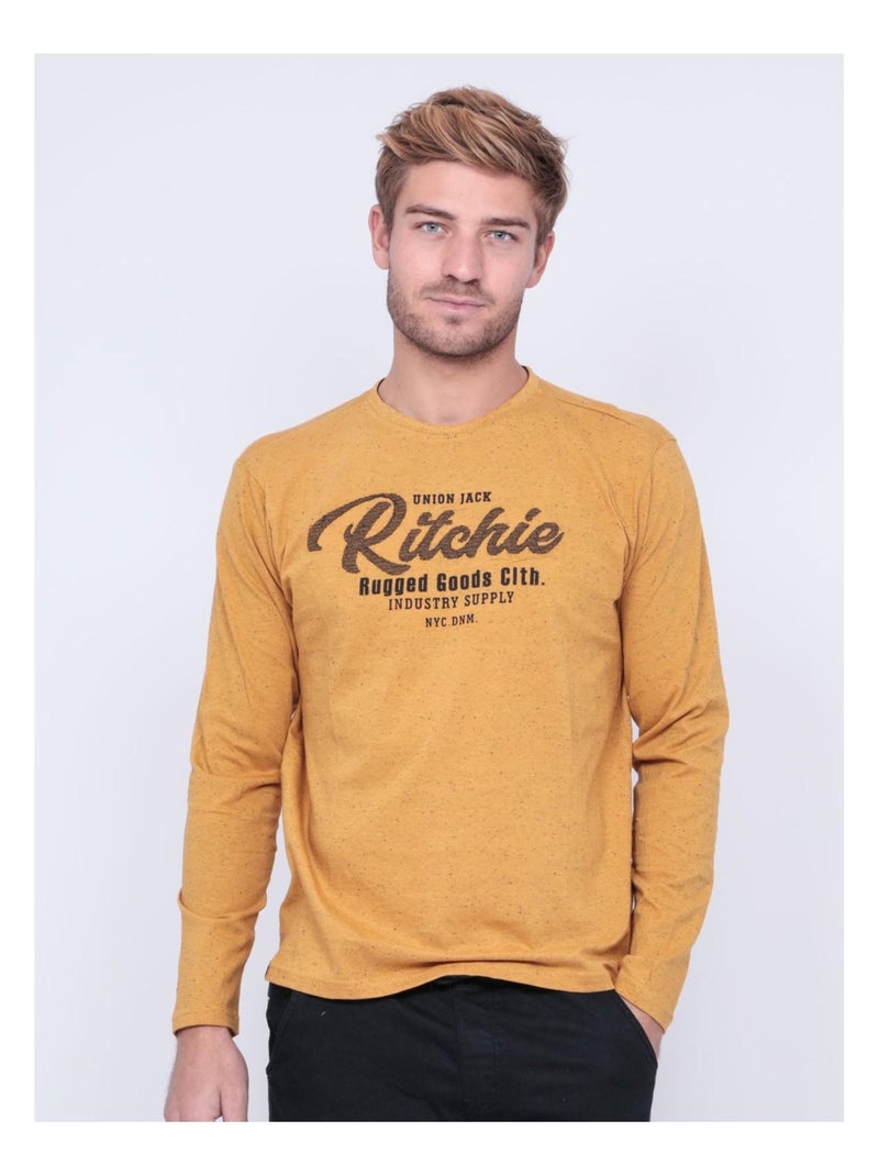 T-shirt manches longues col rond pur coton JUPORTAL Moutarde - Kiabi