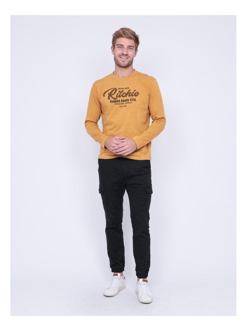 T-shirt manches longues col rond pur coton JUPORTAL Moutarde - Kiabi