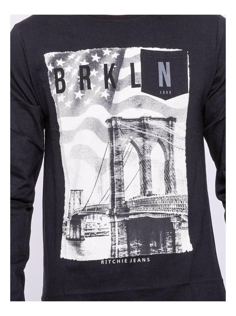 T-shirt manches longues col rond pur coton JURTON Noir - Kiabi