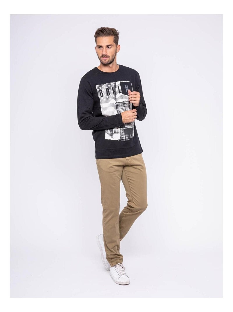 T-shirt manches longues col rond pur coton JURTON Noir - Kiabi
