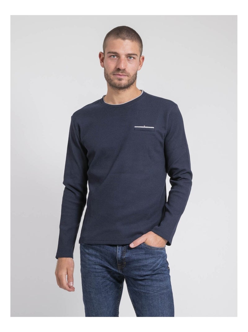 T-shirt manches longues col rond texturé JOVICTOR Bleu marine - Kiabi