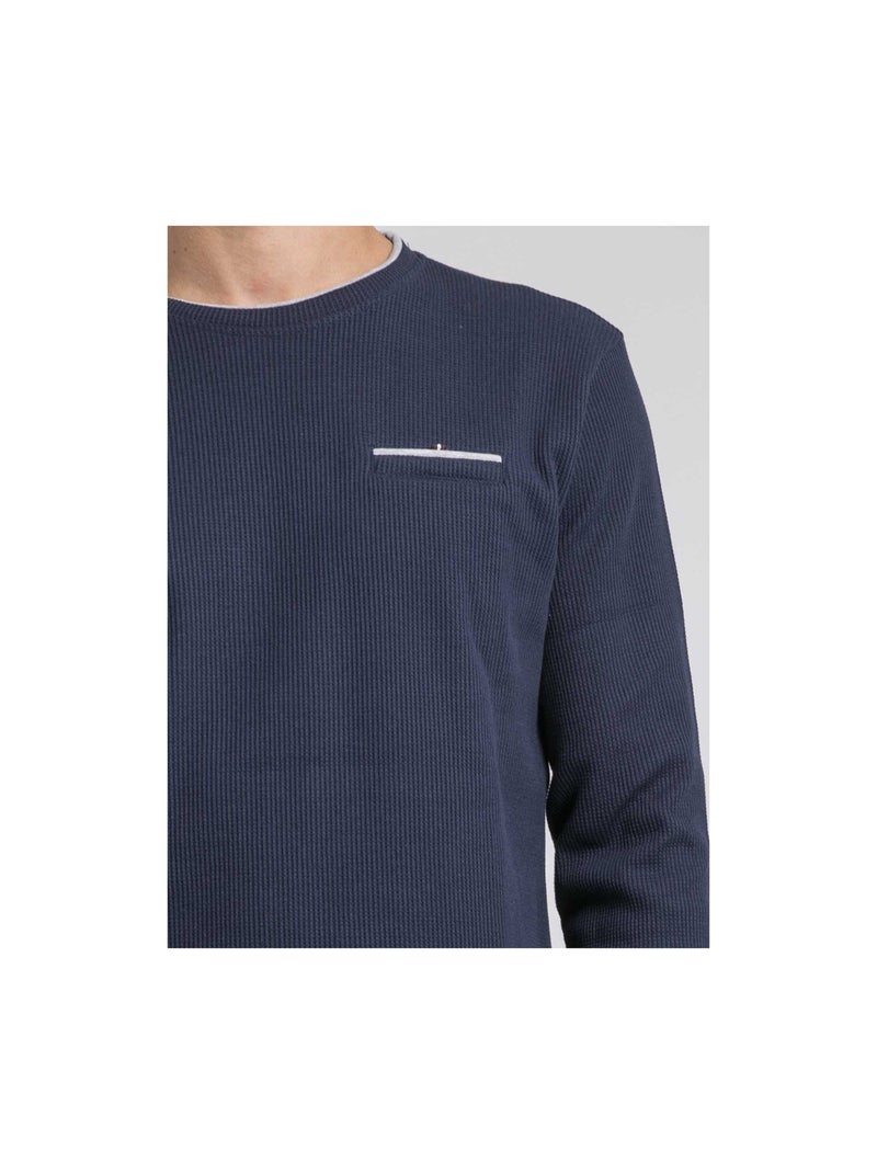 T-shirt manches longues col rond texturé JOVICTOR Bleu marine - Kiabi
