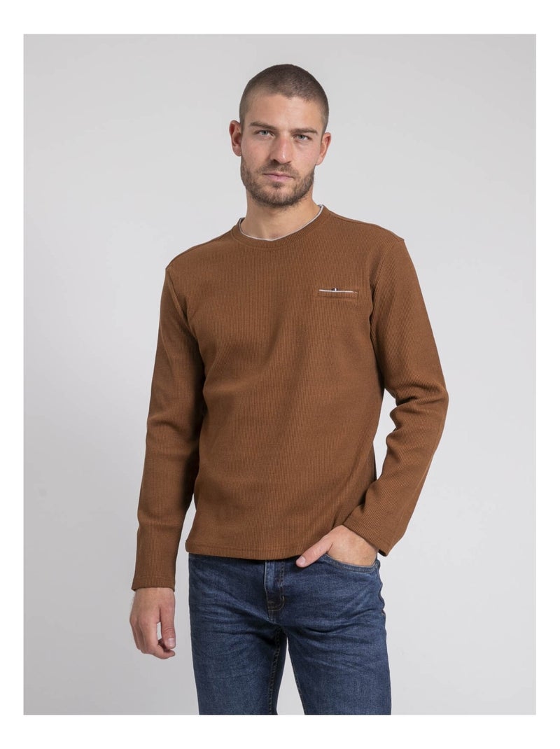 T-shirt manches longues col rond texturé JOVICTOR Marron caramel - Kiabi