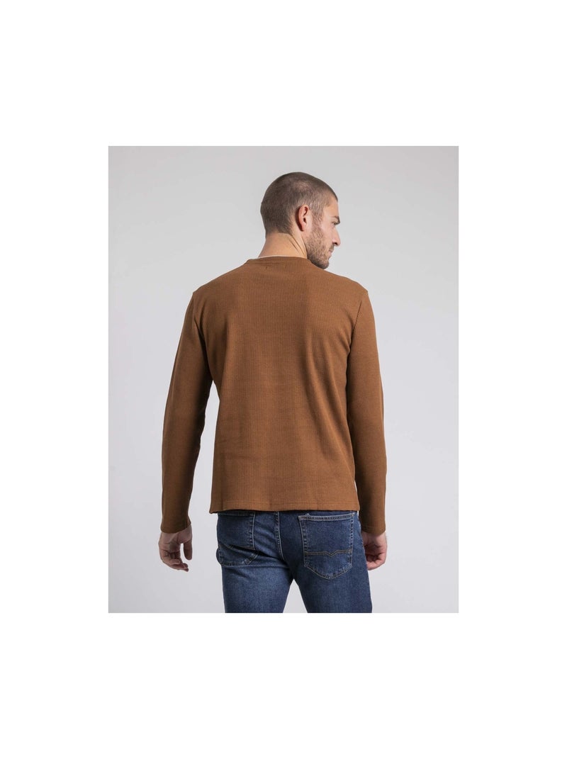 T-shirt manches longues col rond texturé JOVICTOR Marron caramel - Kiabi