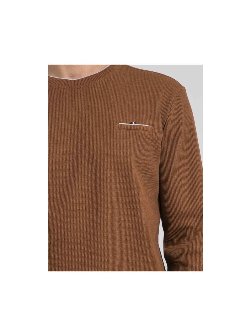 T-shirt manches longues col rond texturé JOVICTOR Marron caramel - Kiabi