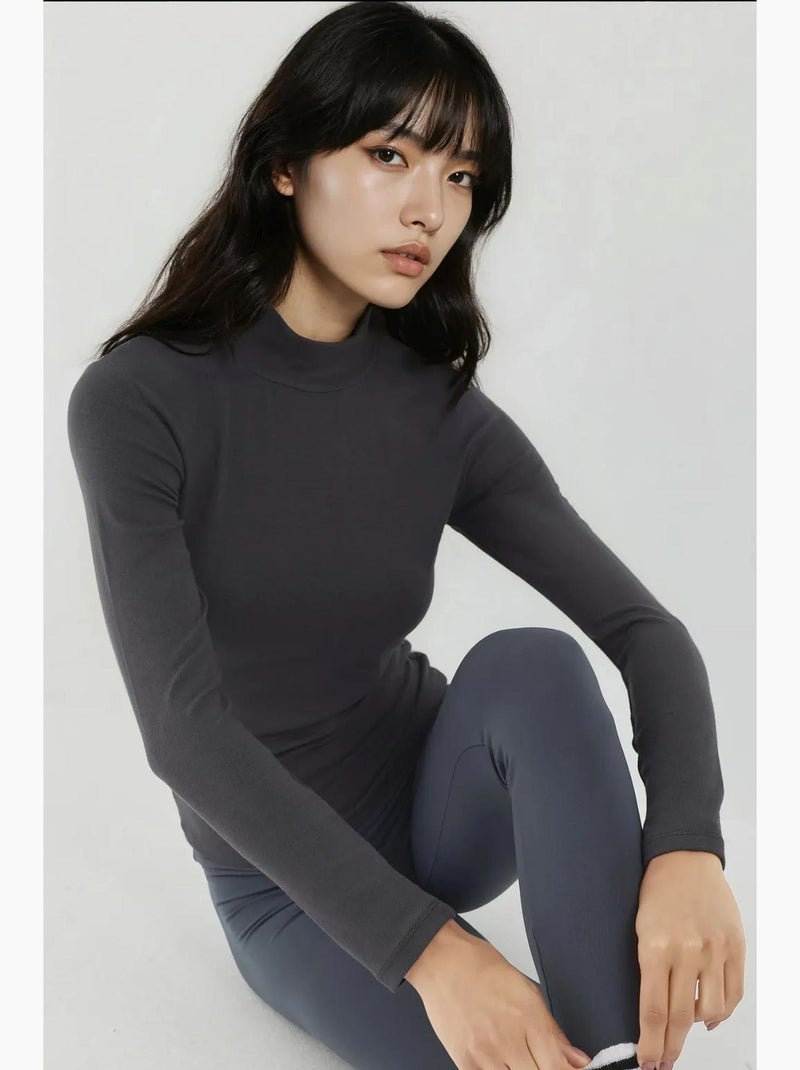 T-shirt manches longues col roulé doux en maille hiccup Gris Noir - Kiabi