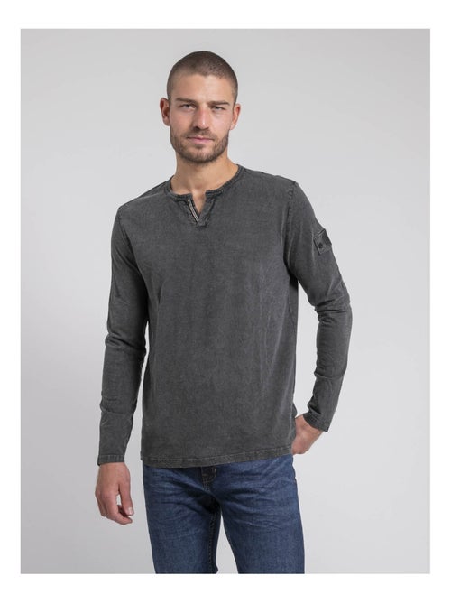 T-shirt manches longues col tunisien pur coton JALUDOL - Kiabi