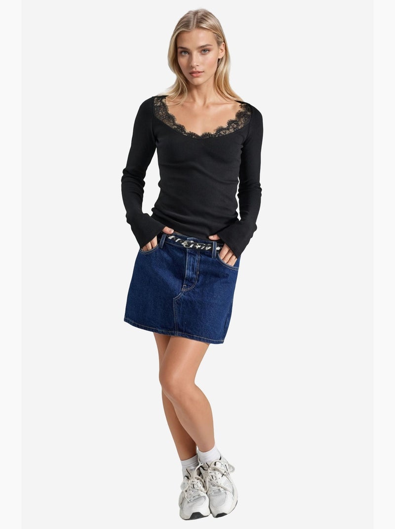 T-shirt manches longues col v dentelle busem Noir - Kiabi