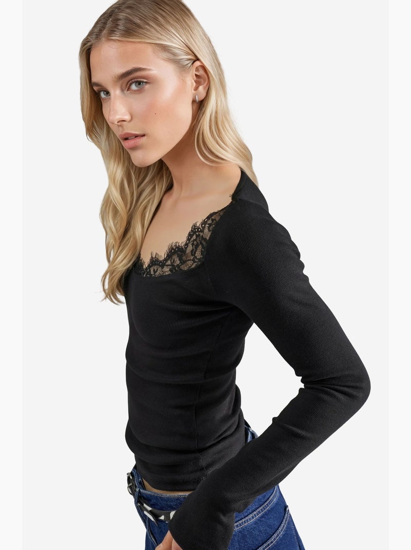 T-shirt manches longues col v dentelle busem Noir - Kiabi
