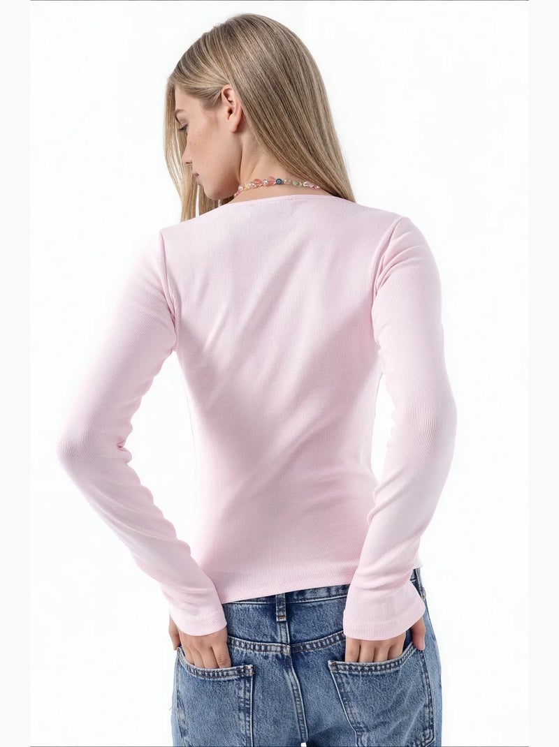T-shirt manches longues col v dentelle busem Rose dragée - Kiabi