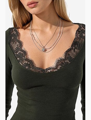 T-shirt manches longues col v dentelle busem