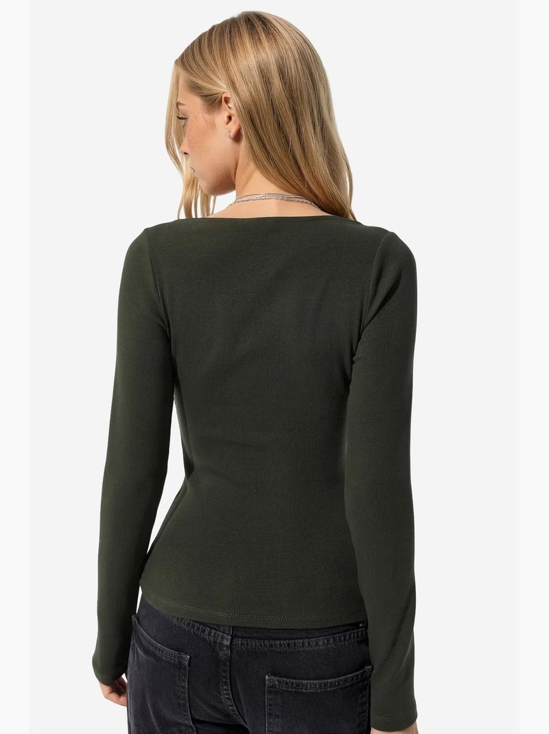 T-shirt manches longues col v dentelle busem Vert foncé - Kiabi