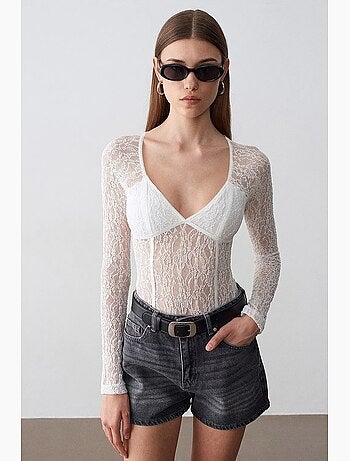 T-shirt manches longues col v dentelle dilvin