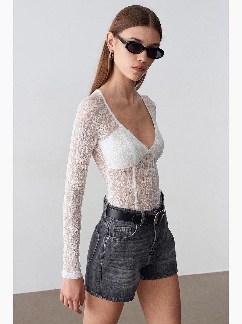 T-shirt manches longues col v dentelle dilvin Blanc - Kiabi
