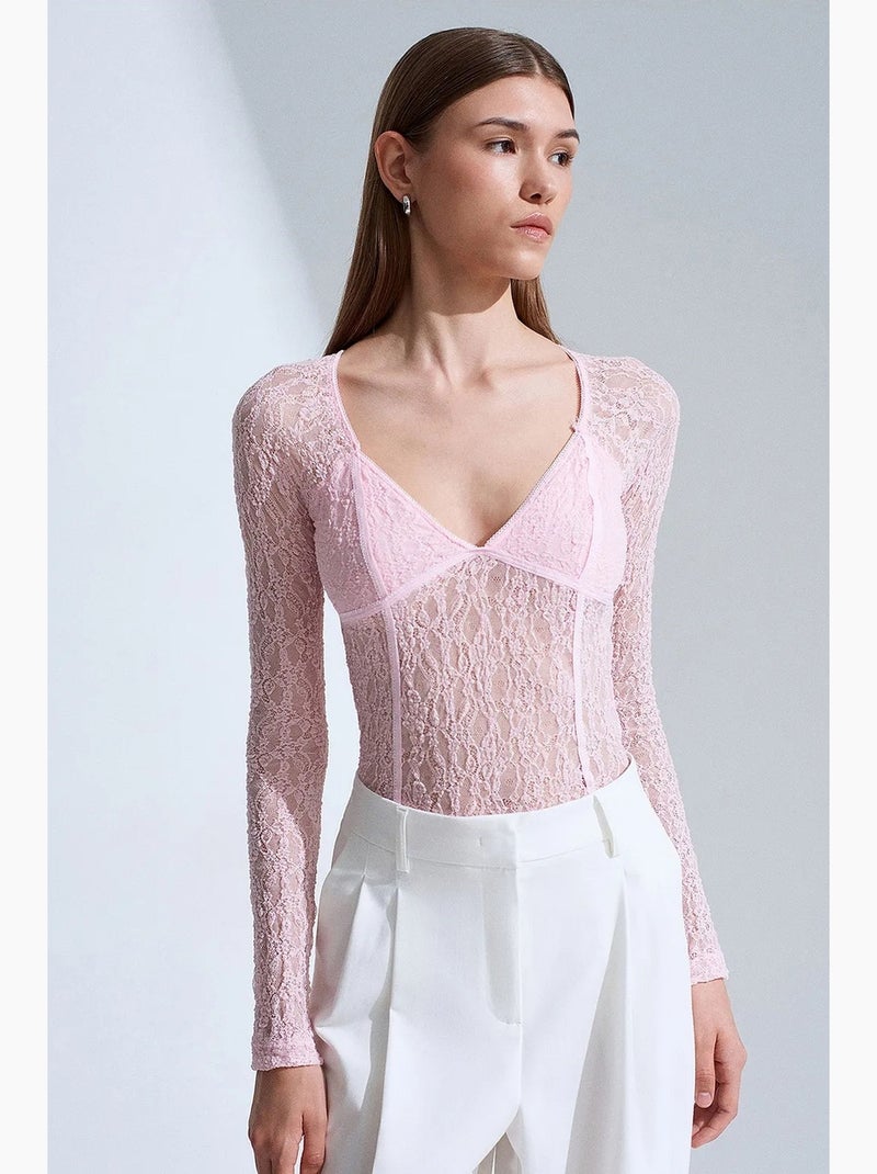 T-shirt manches longues col v dentelle dilvin Rose clair - Kiabi