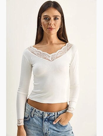 T-shirt manches longues col v dentelle lucci