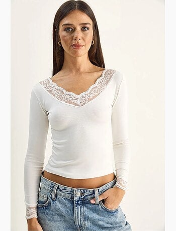 T-shirt manches longues col v dentelle lucci