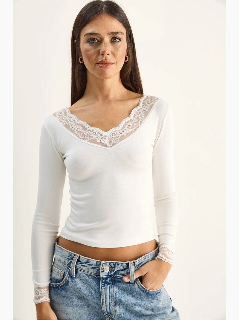 T-shirt manches longues col v dentelle lucci Blanc - Kiabi