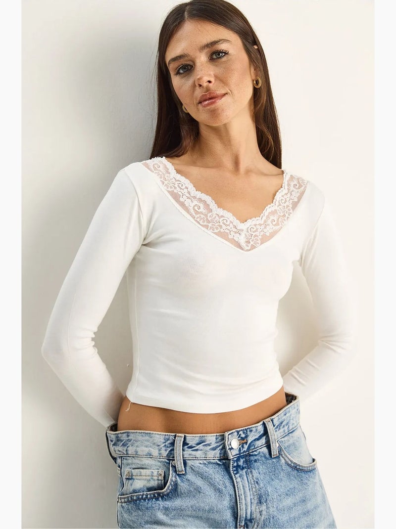 T-shirt manches longues col v dentelle lucci Blanc - Kiabi