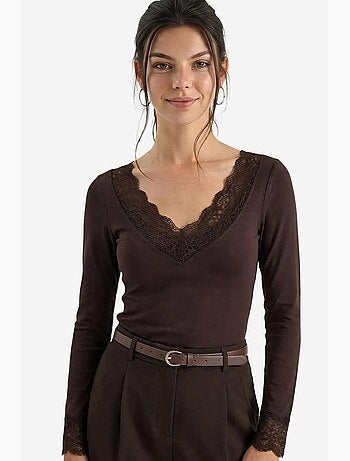 T-shirt manches longues col v dentelle lucci