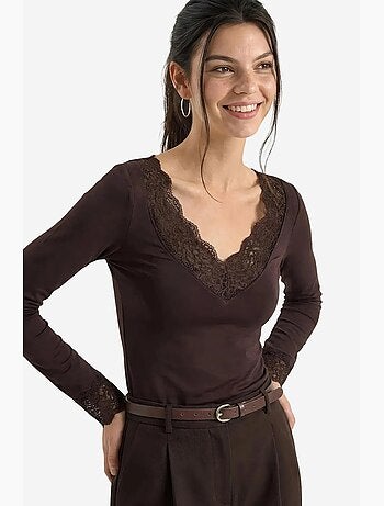 T-shirt manches longues col v dentelle lucci