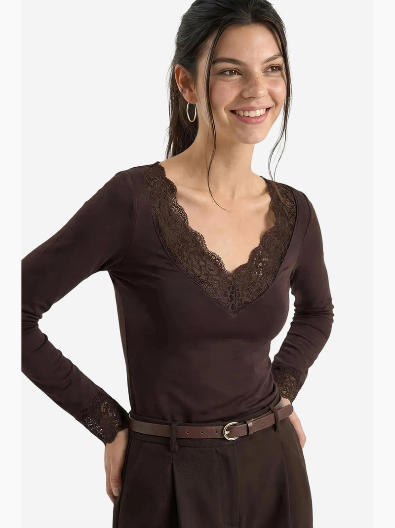 T-shirt manches longues col v dentelle lucci Marron chocolat - Kiabi