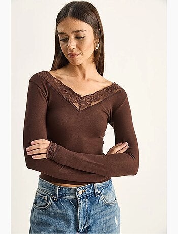 T-shirt manches longues col v dentelle lucci