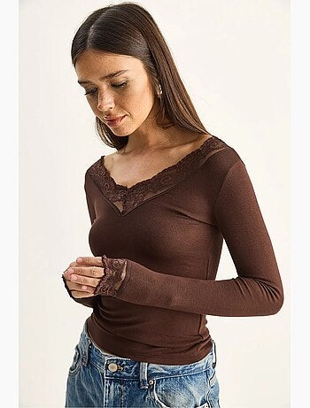 T-shirt manches longues col v dentelle lucci