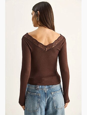 T-shirt manches longues col v dentelle lucci