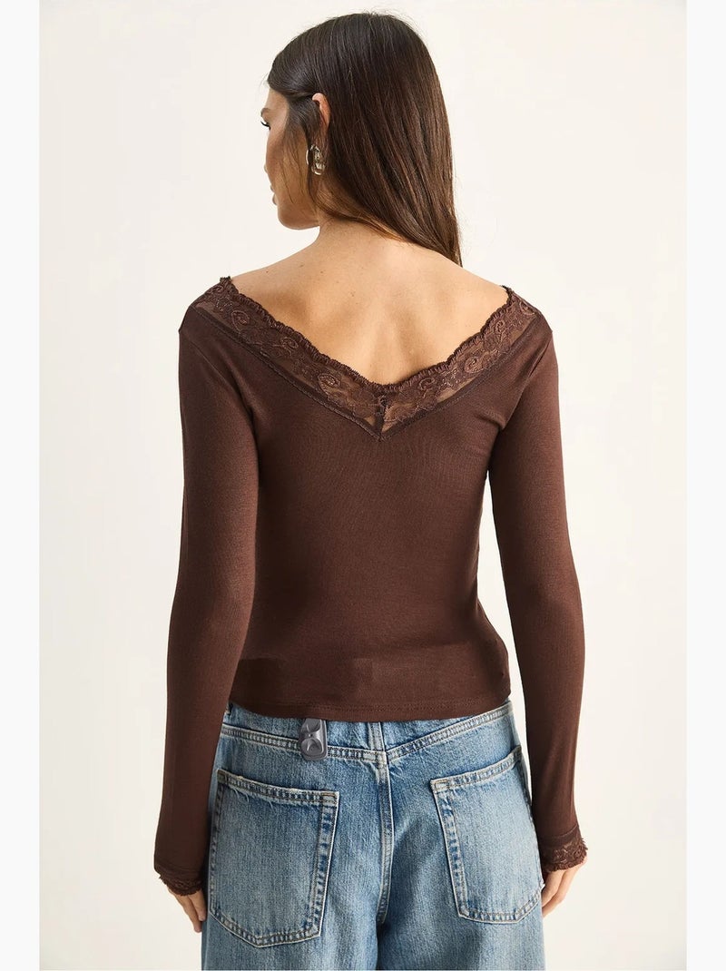 T-shirt manches longues col v dentelle lucci Marron chocolat - Kiabi