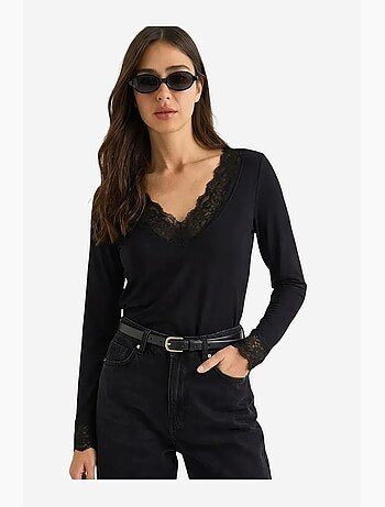 T-shirt manches longues col v dentelle lucci