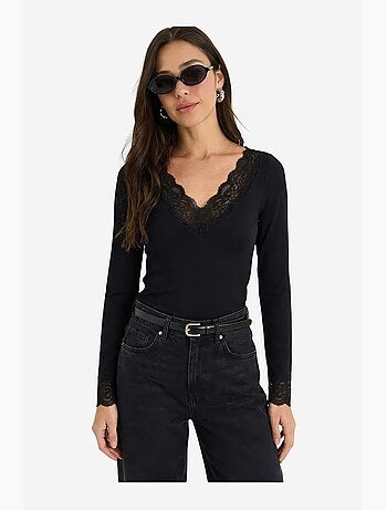 T-shirt manches longues col v dentelle lucci