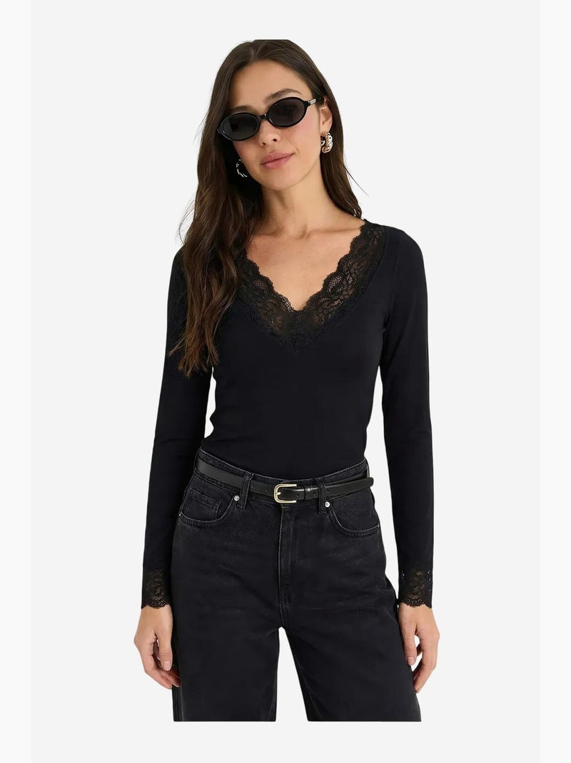 T-shirt manches longues col v dentelle lucci Noir - Kiabi