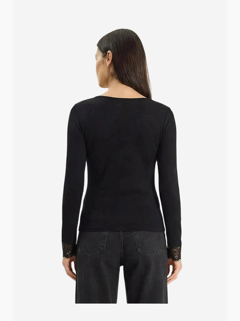 T-shirt manches longues col v dentelle lucci Noir - Kiabi