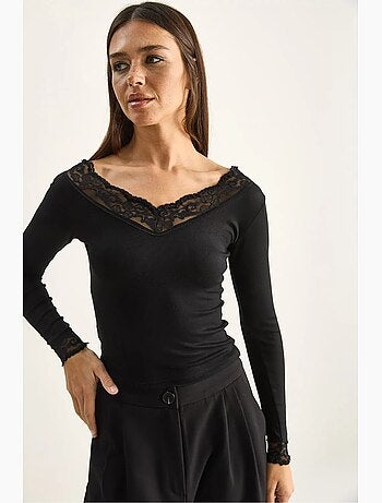 T-shirt manches longues col v dentelle lucci