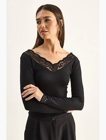 T-shirt manches longues col v dentelle lucci