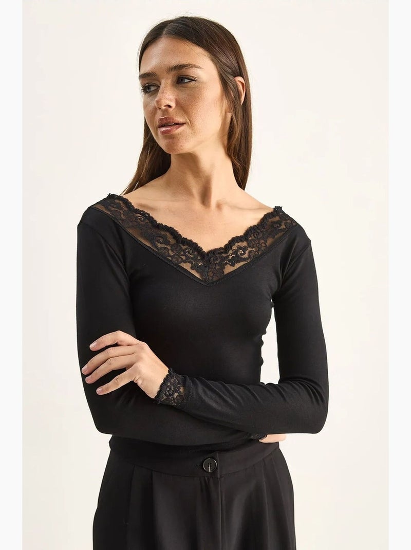 T-shirt manches longues col v dentelle lucci Noir - Kiabi