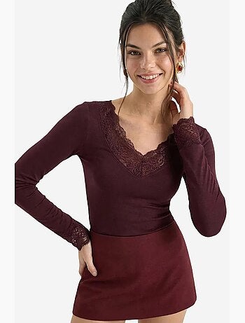 T-shirt manches longues col v dentelle lucci