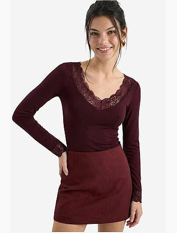 T-shirt manches longues col v dentelle lucci