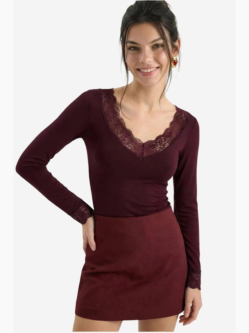 T-shirt manches longues col v dentelle lucci Rouge bordeaux - Kiabi
