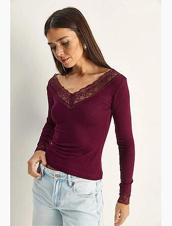 T-shirt manches longues col v dentelle lucci