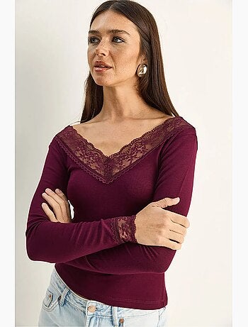 T-shirt manches longues col v dentelle lucci