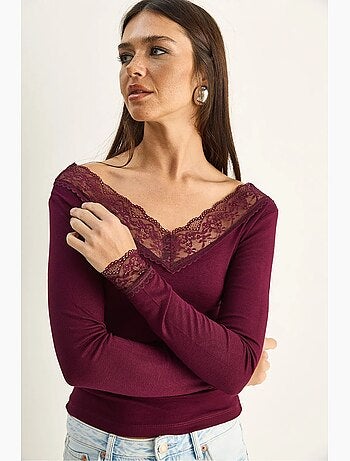 T-shirt manches longues col v dentelle lucci