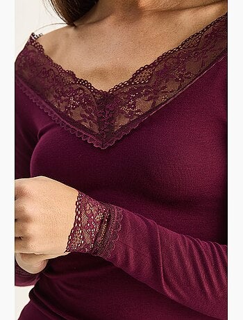 T-shirt manches longues col v dentelle lucci